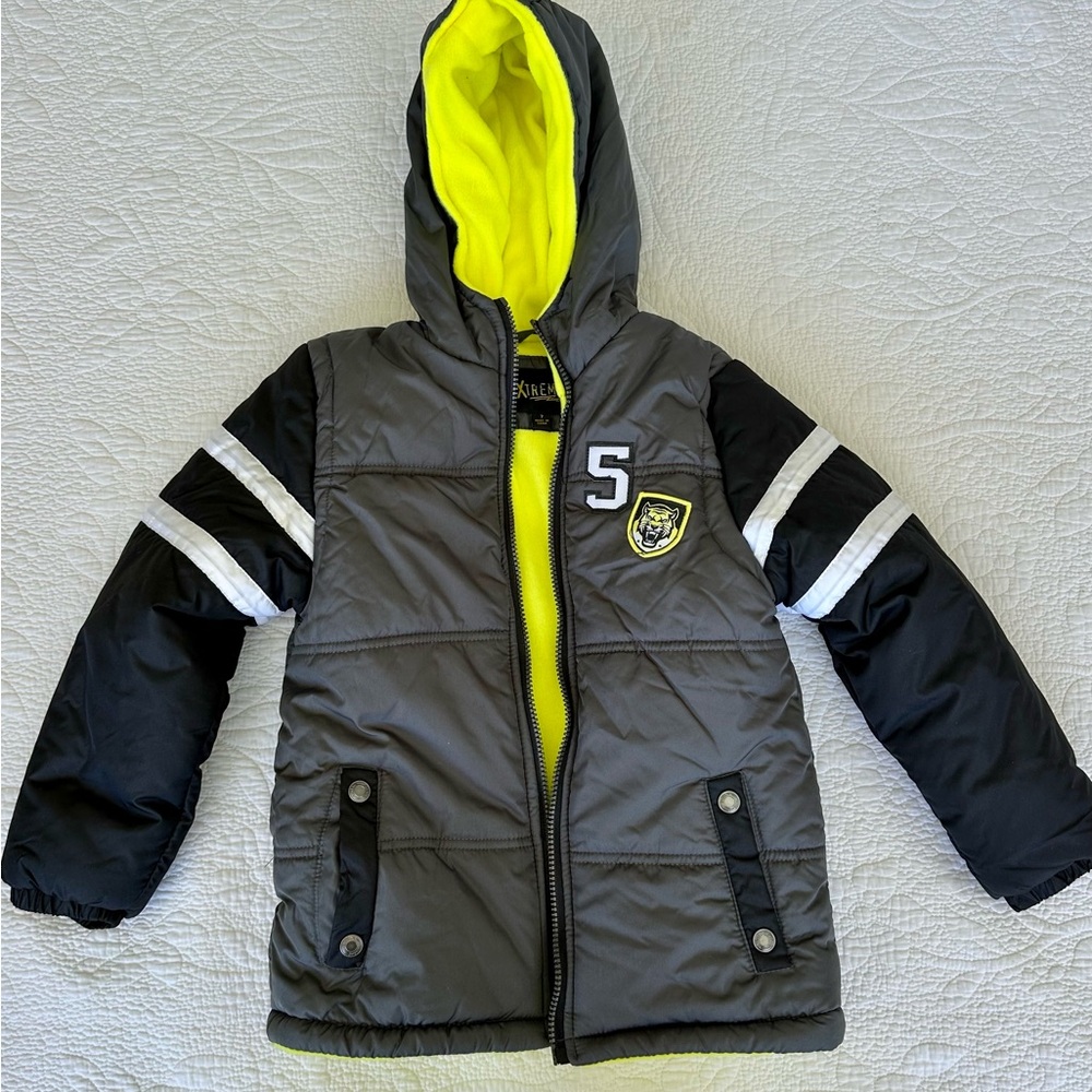 Kids' Black and Gray Puffer Jacket with Yellow Hood